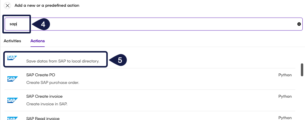 This image displays a form with a search bar where the user can type Sap and a list of SAP actions that can be used in the workflow.